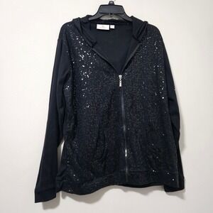 Quacker Factory Womens Black Sequin Zip Up Hoodie Sweatshirt Lge Rhinestone Zip